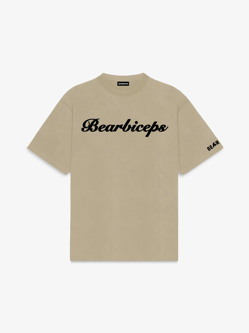 Beige t-shirt with 'Bearbiceps' text on a white background