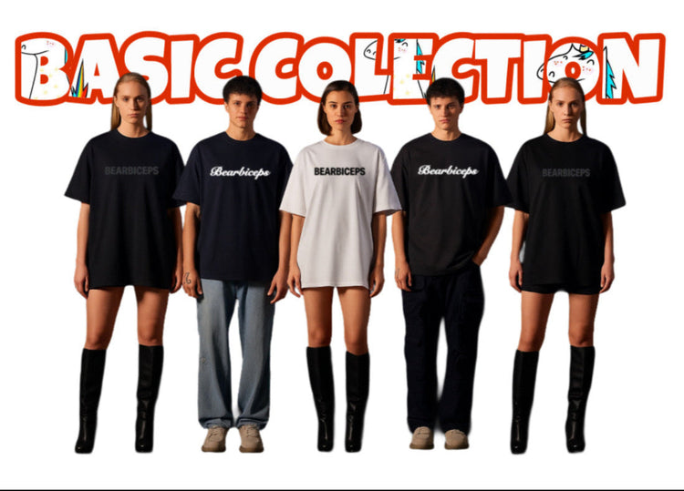 Five models wearing Bearbiceps  OFFICIAL WEBSITE banner branded clothing with BASIC COLLECTION