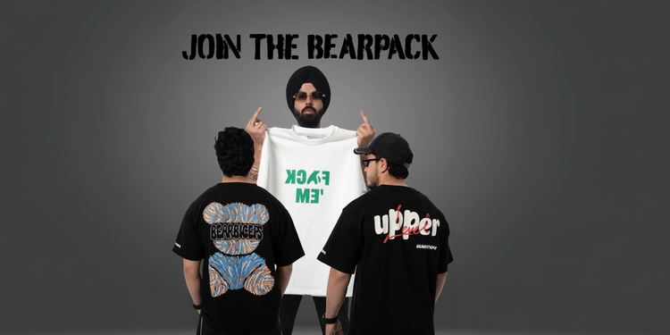 Three men wearing branded t-shirts with text 'JOIN THE BEARPACK' on a gray background.