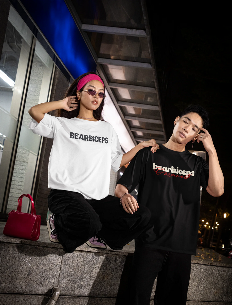 bearbiceps oversized tshirt featuring a man and a woman posing
