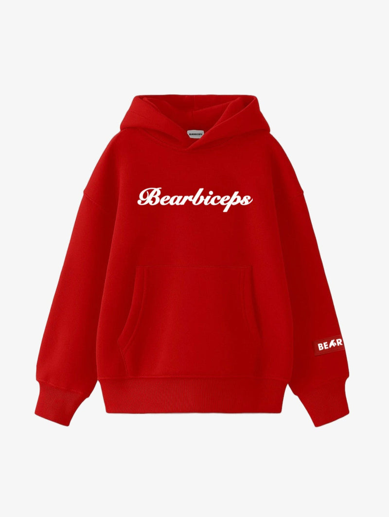 Red oversized BEARBICEPS hoodie with signature branding